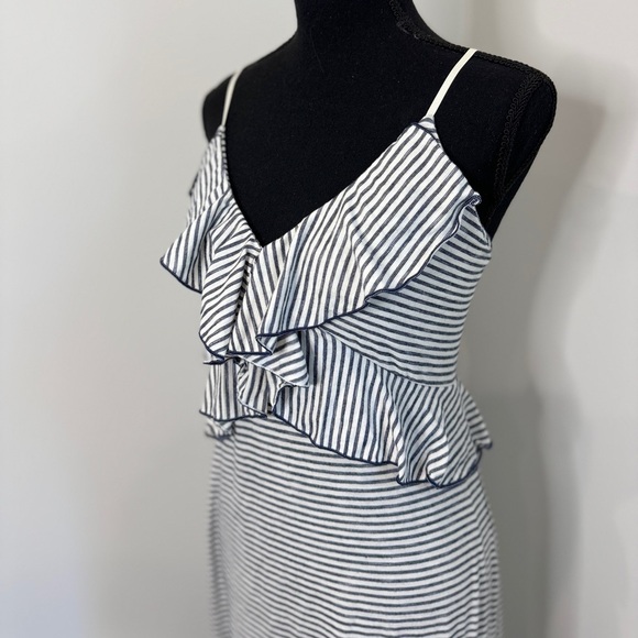 Max Studio Ruffle Detail Sleeveless White and Blue Stripe Maxi Dress - Picture 3 of 8